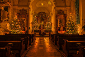 Interior of a church with Christmas decorations