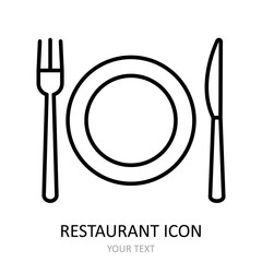 Vector illustration for restaurant - dish, fork, knife. Outline icon.