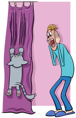 cat hanging on curtain and his terrified owner cartoon illustration