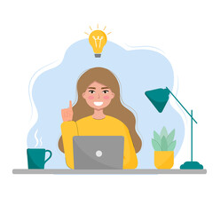 Young woman sitting with laptop having great idea. Concept of finding ideas vector illustration in flat style.
