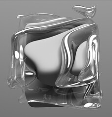 3d render monochrome black and white abstract art with surreal flying cube sculpture in curve wavy round smooth lines forms in matte ceramic material with translucent plastic parts on grey background