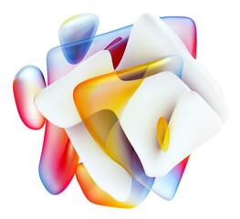 3d render of abstract art with surreal object in cubical round curve shape in transparent plastic material in rainbow gradient color with white matte rubber parts on isolated white background