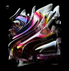 3d render of abstract art with surreal art piece sculpture in cubical shape in curve wavy elegance lines forms in transparent plastic material in purple yellow and pink gradient part on black back