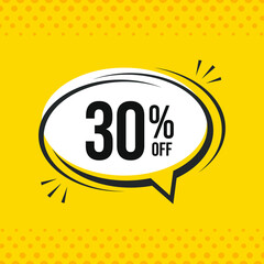 30% off. Discount vector emblem for sales, labels, promotions, offers, stickers, banners, tags and web stickers. New offer. Discount emblem in black and white colors on yello