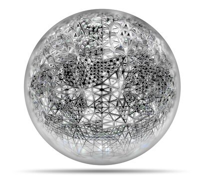 3d render of monochrome black and white surreal glass flying ball or sphere with metal wire fractal diamond triangles pattern construction inside on isolated white background