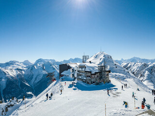 Aeiral image of the top station and view point for skiing and other outdoor winter activities on...