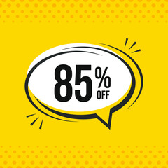 85% off. Discount vector emblem for sales, labels, promotions, offers, stickers, banners, tags and web stickers. New offer. Discount emblem in black and white colors on yello