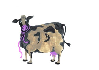 funny watercolor cartoon cow with pink udder and ribbon on neck isolated on white background