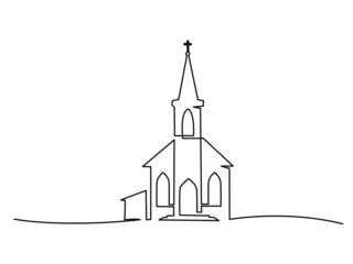 Church building hand drawn. Continuous one line drawing silhouette.