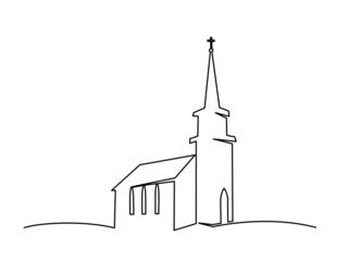 Church building hand drawn. Continuous one line drawing silhouette. - 468836064