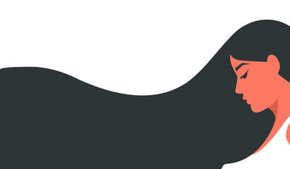 A girl with long dark hair. The rectangular background is split in two. Head and neck in profile. Vector illustration, flat cartoon minimal monochrome design isolated on white background, eps 10.