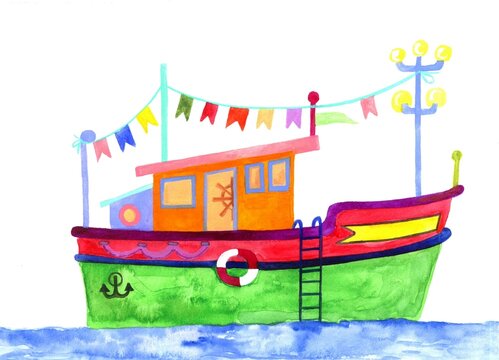 cute multicolored cartoon watercolor boat with a garland of flags and an anchor