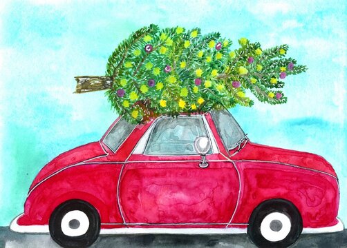 watercolor New Year illustration of a red car with a Christmas tree on the roof