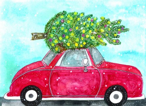 watercolor New Year's illustration of a red car with a Christmas tree on the roof in a snowfall.
