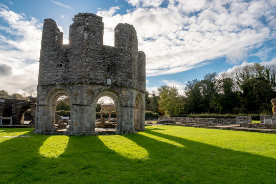 Sun drops shadow through the arches of the ruins of lavabo. Melifont abbey, Co.Meath, Ireland. October 2021 