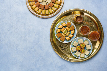 Oriental sweets with traditional turkish coffee. Ramadan dessert. Top view, copy space