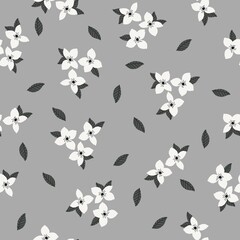 Vintage floral background. Seamless vector pattern for design and fashion prints. Floral pattern with white flowers and dark gray leaves on a light gray background.