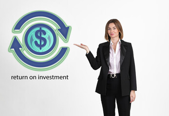 Young business woman in black suit is presenting ROI sign isolated on white background. Return on investment concept