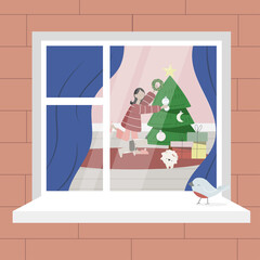 Home coziness, young smiling woman decorating christmas tree. Winter holidays attributes. Vector.

