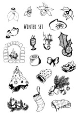 Hand-drawn black and white graphic winter set. Big set of Hygge icons. Warm and cozy hand drawn illustration in scandinavian style. Winter elements for greeting cards, posters, stickers and design.