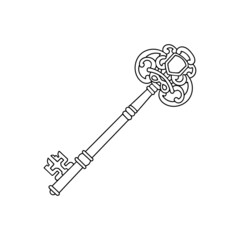 House key outline. Sketch of an object that opens a door lock, safe. Hand drawn thin line art vector illustration. Isolated simple element.