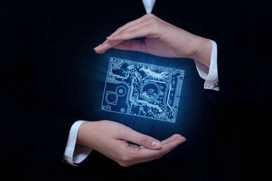 digital chip in hands on a black background, electronic components, HHD disk, information storage, cloud storage, cloud computing concept, big date
