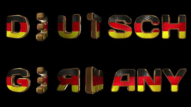 Germany - 3D inscription. Golden animated letters with a lively national emblem pattern. Country name in native and English. Loop. Alpha channel.