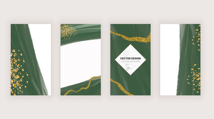 Social media stories banners with green watercolor and gold glitter texture
 