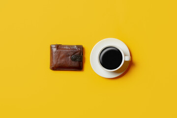 Wallet and cup of coffee on yellow background.
