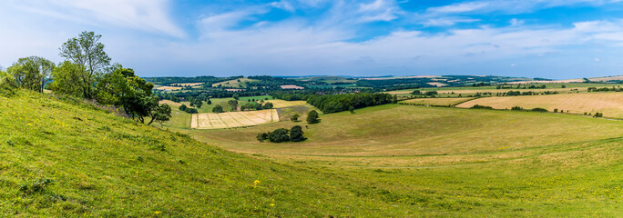 A panorama view across the South Downs above Worthing, Sussex in summertime