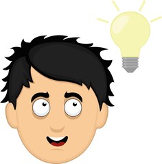 Vector illustration of the face of a cartoon man observing with a light bulb, in concept of idea, creativity and inspiration
