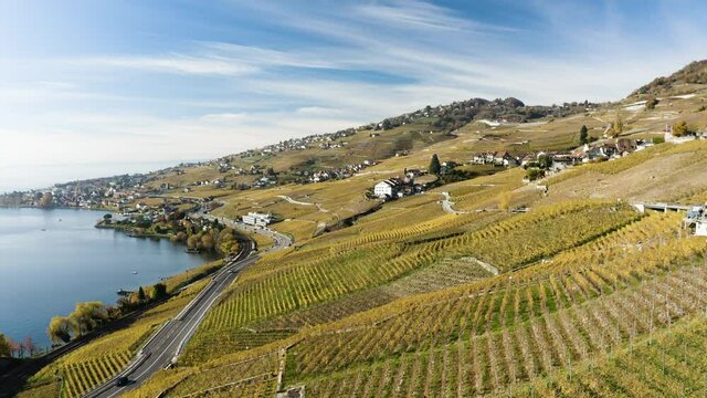 Les vignes de lavaux vues du ciel. Vue a&eacute;rienne en drone de bourg-en-lavaux et du lac l&eacute;man en 4k. 
