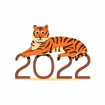 Happy New Year 2022, Year of the Tiger. Happy new year with cute tiger lying on numbers 2022. Vector image on a white background with the symbol of the Chinese new year.