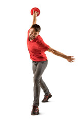 Professional bowling player in action. Isolated on white background