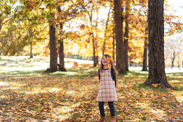 Cute little girl throwing autumn leaves at the park