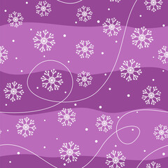Seamless winter frozen pattern. Purple background with hand-drawn snowflakes and dots. Vector Illustration for the design of seasons, christmas and new year.