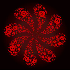 Red virus melody icon rotation bang flower salute shape on red dark gradient background. Turbine cyclone combined from red random virus melody icons.