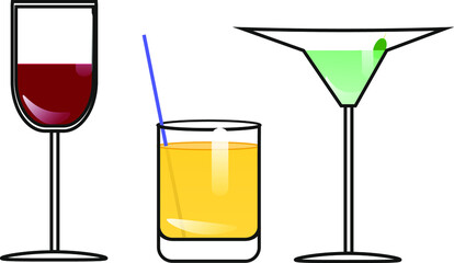 a set of vector different glasses with drinks, wine juice, cocktail