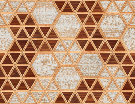 Light wooden panel with triangular and hexagonal pattern for wall decor. Seamless wooden background. 