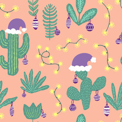 Christmas Cactus Seamless pattern with festive string lights on pastel peach background, Santa's hats. Tropical Christmas hand drawn vector illustration for gift wrapping paper, greeting card design.