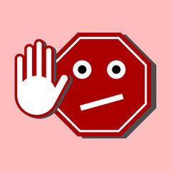 Stop Sign Funny Face with Hand Road Sign Icon. Vector Image.