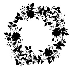 Hand drawing vector round frame. Floral wreath with leaves, flowers, branches. Decorative elements for design. Ink, vintage styles. 