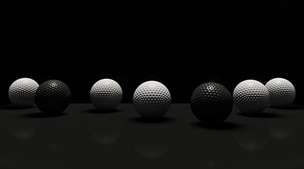 Black and white golf balls isolated on black background; 3D rendering, 3D illustration