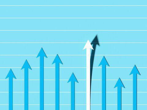 Many blue arrows and single white as leader pointing upwards isolated on blue background with horizontal bars; paper arrows background; creative business growth template; 3d rendering, 3d illustration