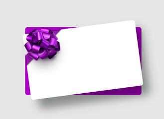 Empty card, coupon, cartificate template with purple bow.