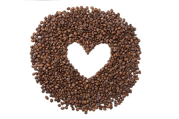 A circle of roasted coffee beans with a heart in the middle on a white isolated background.