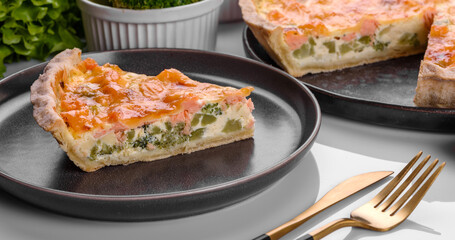 Delicious fresh quiche with broccoli, salmon and cheese