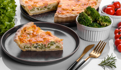 Delicious fresh quiche with broccoli, salmon and cheese