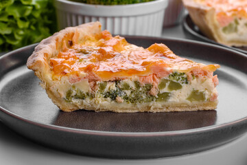 Delicious fresh quiche with broccoli, salmon and cheese