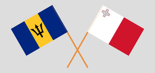Crossed flags of Barbados and Malta. Official colors. Correct proportion